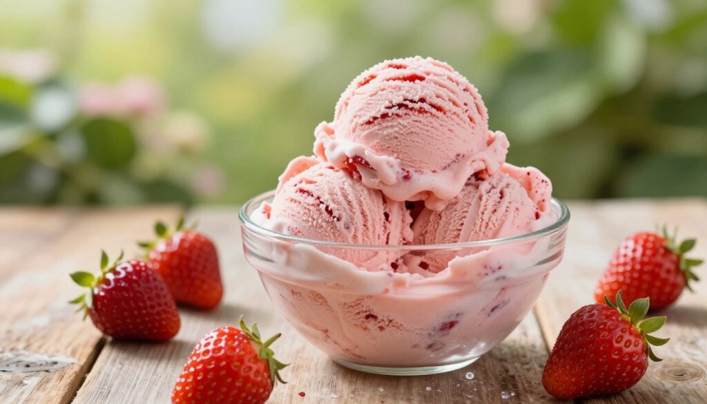A beautifully styled scoop of homemade strawberry ice cream swirled in a glass bowl, set on a rustic wooden table. The ice cream is creamy, with vibrant pink hues and flecks of real strawberries visible throughout. In the foreground, there are fresh strawberries scattered artistically around the bowl, enhancing the summer theme. Soft, natural lighting bathes the scene, creating a warm and inviting atmosphere. In the background, a dreamy blurred garden with soft green foliage hints at a sunlit summer day. The image captures the texture of the ice cream, showcasing its creamy consistency, evoking a sense of freshness and indulgence. The overall composition feels joyful and light, perfect for a celebration of summer flavors.