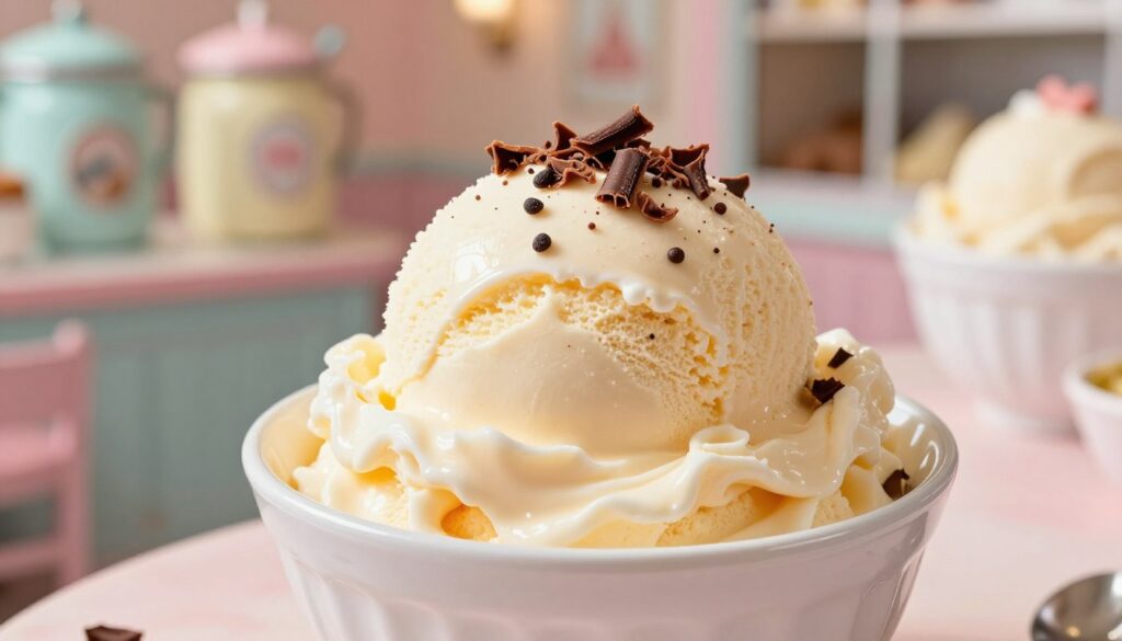 A bowl of creamy vanilla ice cream is the focal point, beautifully scooped and perfectly smooth, reflecting a rich, luscious texture. The ice cream is topped with delicate curls of chocolate shavings and a sprinkle of fresh vanilla bean specks, enhancing its appeal. In the background, soft pastel colors of a quaint ice cream parlor create a warm and inviting atmosphere, with vintage ice cream pots and fresh ingredients softly blurred to keep the focus on the ice cream. Natural sunlight streams in, casting a gentle glow on the scene, highlighting the creaminess of the ice and creating a soft, dreamy ambiance. The angle is slightly above the bowl, giving a clear view of the texture, emphasizing its enticing creaminess and inviting presentation.
