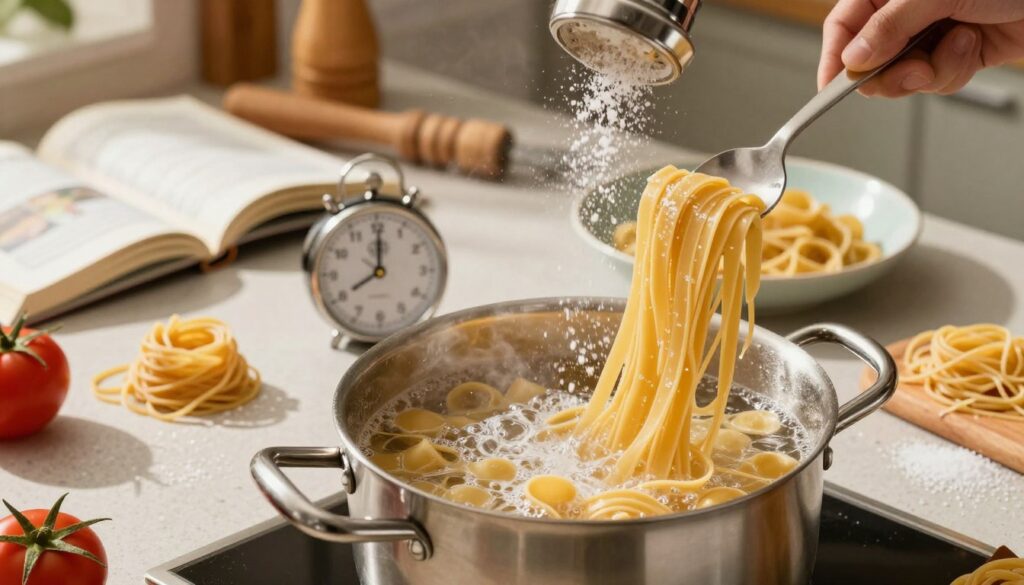 A chaotic kitchen scene focused on various common mistakes in cooking pasta. In the foreground, a pot overflows with boiling water and pasta, with some noodles clumped together, illustrating the consequences of improper cooking. In the middle, a timer is visible, accidently set wrong, while salt is poured too liberally onto the pasta, demonstrating a common oversight. The background features an unkempt countertop strewn with cooking utensils and an open cookbook with pages fluttering, enhancing the sense of disorder. Bright, warm lighting illuminates the scene, casting playful shadows that add depth. The atmosphere conveys a light-hearted, educational tone, inviting viewers to learn from these mistakes in a vibrant kitchen setting.