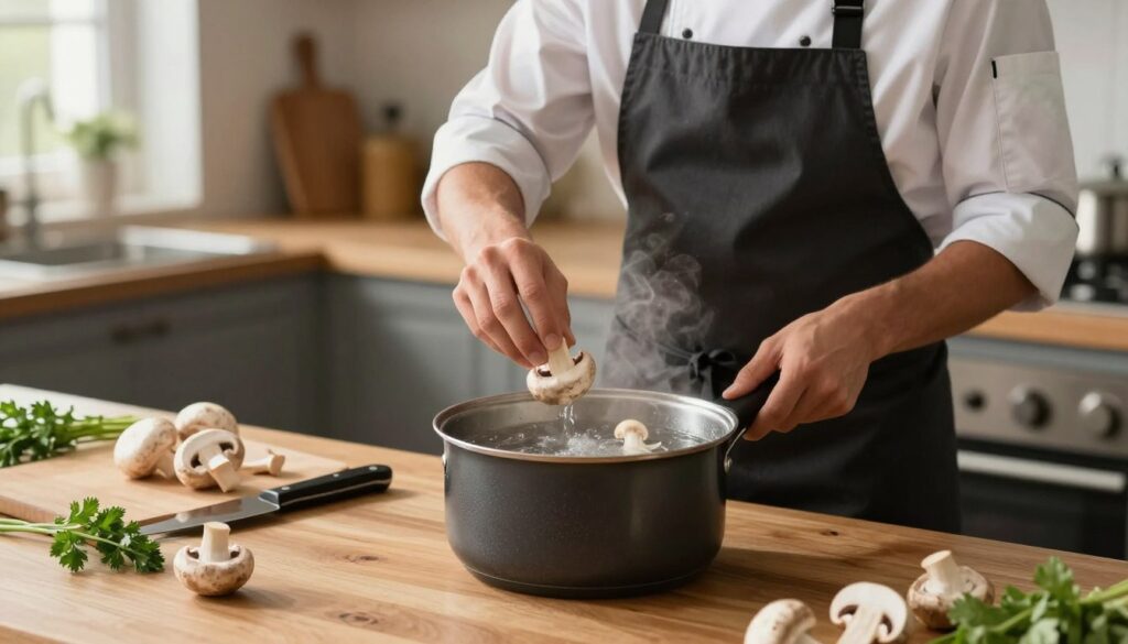 A clean and inviting kitchen scene with a wooden countertop on the foreground, featuring a pot of boiling water with freshly cleaned mushrooms on the side. In the middle ground, a chef in a neat, professional kitchen apron is carefully adding mushrooms to the pot. The chef's expression reflects focus and care, emphasizing the cooking process without distraction. Surround the setting with essential kitchen tools—cutting board, knife, and a few sprigs of herbs like parsley for garnish, subtly hinting at flavor. The background reveals soft, warm lighting from a nearby window, creating a cozy atmosphere. The angle captures the scene from a slightly elevated perspective, giving a clear view of the pot and preparation. Ensure there are no distractions or text, reinforcing the cooking theme.