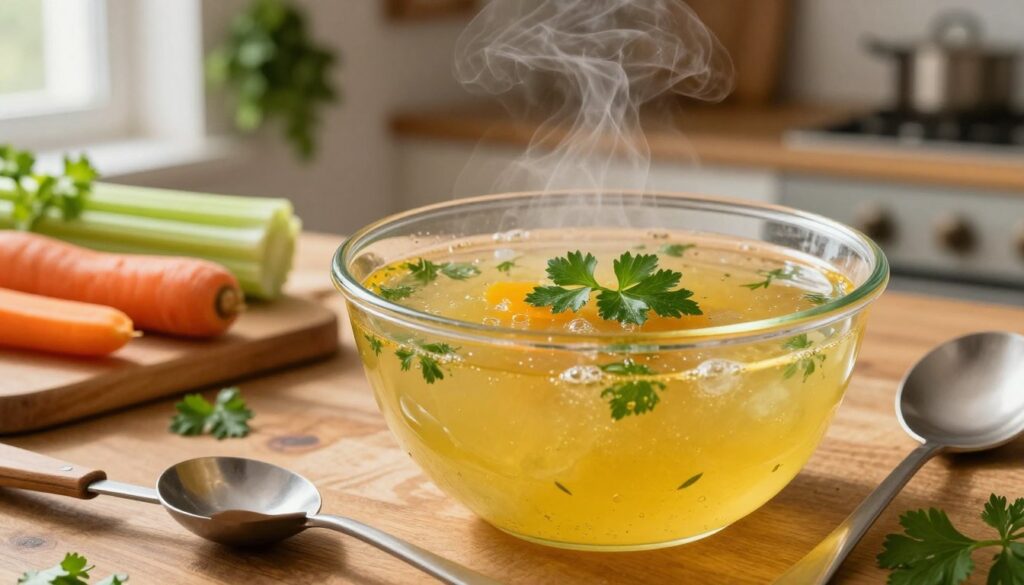 A clear bowl of traditional Polish rosół, steaming and glistening, garnished with fresh parsley leaves floating on top. The broth is vibrant golden-yellow, inviting and fragrant with herbs. In the foreground, a beautifully arranged wooden table, with rustic kitchen utensils such as a ladle and a cutting board displaying earthy vegetables like carrots and celery. The middle area captures the rich texture of the broth, with tiny bubbles rising delicately. In the background, a softly lit kitchen setting evokes a warm, homely atmosphere with hanging herbs and soft, warm light filtering through a window. The overall mood is comforting and inviting, emphasizing the purity and clarity of the soup.