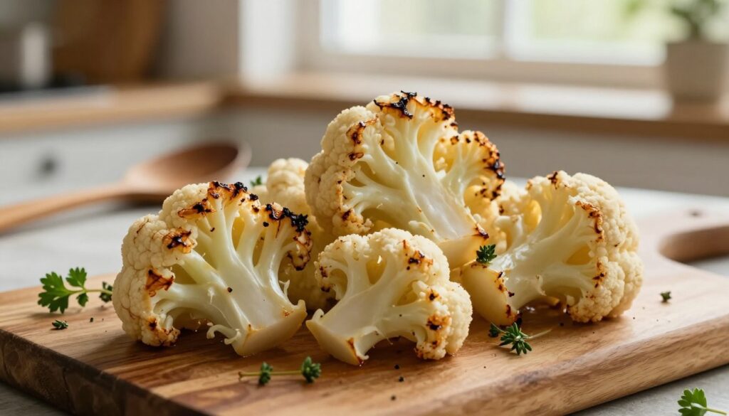 A close-up arrangement of leftover cooked cauliflower florets on a rustic wooden cutting board, showcasing their unique textures and colors. The florets should appear slightly charred and caramelized, indicating recent cooking, with delicate herbs like parsley and thyme sprinkled around for contrast. In the background, a softly blurred kitchen setting illuminated by warm, natural light pours in from a nearby window, enhancing the inviting atmosphere. A few kitchen utensils, like a wooden spoon and a small bowl, add to the composition, hinting at a culinary transformation. The angle should provide depth, emphasizing the cauliflower as the focal point while evoking a cozy, homely vibe perfect for quick and clever meal ideas.