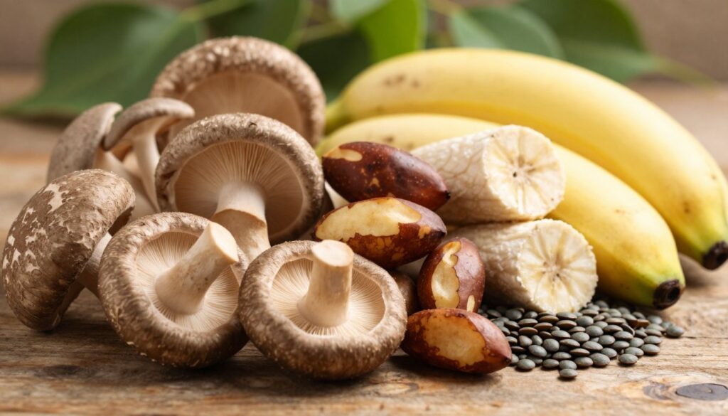 A close-up arrangement of various edible mushrooms on a rustic wooden surface, showcasing their unique textures and colors. The foreground features mushrooms like shiitake and oyster, highlighting their gills and caps, while in the middle ground, a small collection of mineral-rich ingredients such as selenium-rich Brazil nuts, potassium-rich bananas, and iron-packed lentils are elegantly presented. The background displays soft-focus greenery to evoke a natural, earthy environment. The lighting is warm and inviting, emphasizing the natural sheen of the mushrooms and the subtle gloss of the nuts and lentils. The overall mood is one of freshness and nutritional richness, inviting the viewer to explore the hidden benefits of mushrooms in a healthy diet. A close-up arrangement of various edible mushrooms on a rustic wooden surface, showcasing their unique textures and colors. The foreground features mushrooms like shiitake and oyster, highlighting their gills and caps, while in the middle ground, a small collection of mineral-rich ingredients such as selenium-rich Brazil nuts, potassium-rich bananas, and iron-packed lentils are elegantly presented. The background displays soft-focus greenery to evoke a natural, earthy environment. The lighting is warm and inviting, emphasizing the natural sheen of the mushrooms and the subtle gloss of the nuts and lentils. The overall mood is one of freshness and nutritional richness, inviting the viewer to explore the hidden benefits of mushrooms in a healthy diet.