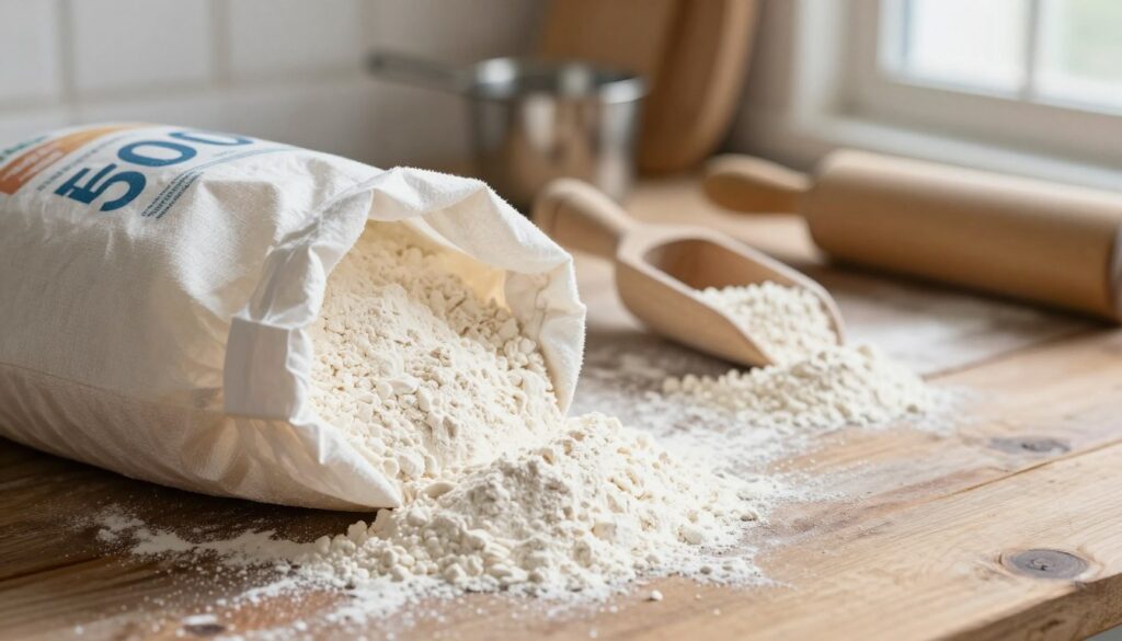 A close-up image of a 500-gram bag of wheat flour, prominently displayed in the foreground. The bag is partially open, with fine, white flour spilling out onto a rustic wooden tabletop. In the middle ground, a wooden scoop is nestled in the flour, hinting at its use in baking. Soft, natural light pours in from a nearby window, casting gentle shadows and illuminating the flour's texture. In the background, a blurred image of baking tools, such as measuring cups and a rolling pin, implies a warm kitchen atmosphere. The overall mood is inviting and homey, ideal for exploring the nuances of flour types and their impact on cake texture and flavor. A close-up image of a 500-gram bag of wheat flour, prominently displayed in the foreground. The bag is partially open, with fine, white flour spilling out onto a rustic wooden tabletop. In the middle ground, a wooden scoop is nestled in the flour, hinting at its use in baking. Soft, natural light pours in from a nearby window, casting gentle shadows and illuminating the flour's texture. In the background, a blurred image of baking tools, such as measuring cups and a rolling pin, implies a warm kitchen atmosphere. The overall mood is inviting and homey, ideal for exploring the nuances of flour types and their impact on cake texture and flavor.