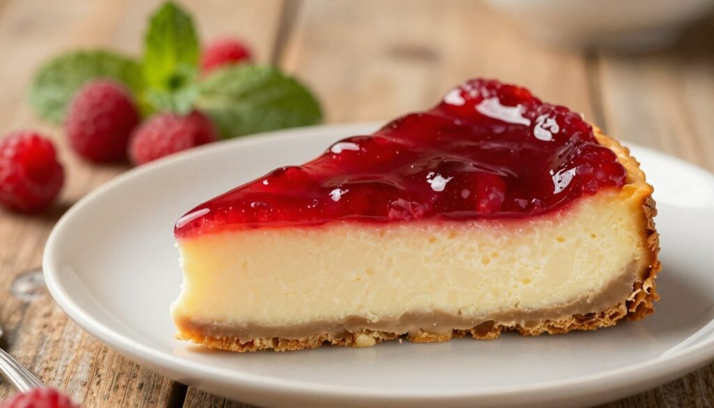 A close-up image of a beautifully presented cheesecake topped with a vibrant, glossy layer of raspberry jelly. The jelly should be clear and shiny, reflecting light to create an appetizing allure. In the foreground, the cheesecake is placed on an elegant ceramic plate, showcasing a creamy, smooth texture with hints of golden crust visible at the edges. In the middle background, a soft-focus arrangement of fresh raspberries and mint leaves enhances the presentation. The lighting is warm and inviting, highlighting the jelly's sheen while casting soft shadows that add depth. The setting is a rustic wooden table, creating a cozy, homely atmosphere perfect for dessert indulgence. The image should evoke a sense of deliciousness and aesthetic appeal without any text or distractions.