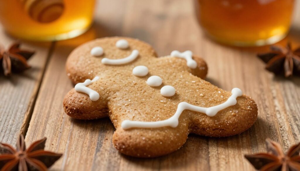 A close-up image of a soft, freshly baked gingerbread cookie, placed on a wooden table. The cookie has a slightly glossy, sugar-dusted surface, showcasing its round shape and intricate frosting decorations. In the background, there are jars of honey and spices, hinting at the ingredients used. Soft, warm lighting creates a cozy atmosphere, casting gentle shadows that enhance the texture of the cookie. A rustic style with a shallow depth of field focuses sharply on the cookie while blurring the background slightly, adding depth. The overall mood is inviting and comforting, perfect for illustrating the essence of maintaining gingerbread’s softness.