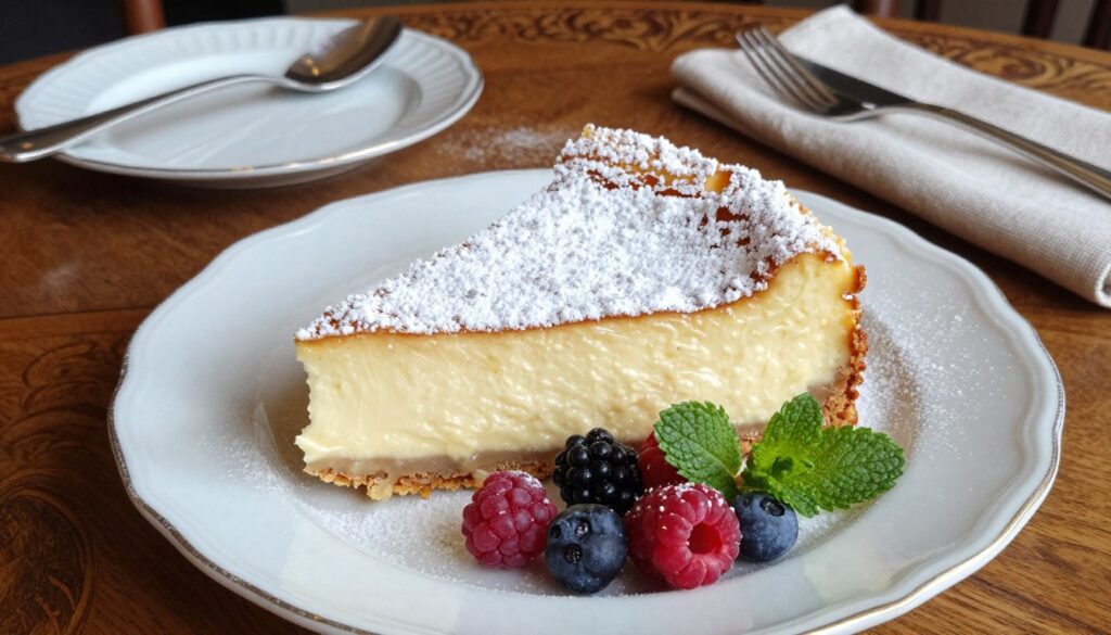 A close-up image of a traditional Viennese cheesecake, beautifully dusted with a generous layer of powdered sugar ("cukrem pudrem"). The cheesecake sits elegantly on a delicate porcelain plate, adorned with fresh berries and a sprig of mint, adding vibrant colors. In the background, an ornate wooden table is set with vintage cutlery and a fine linen napkin, conveying an elegant dining atmosphere. Soft, natural lighting enhances the creamy texture of the cake and the fine details of the sugar dusting, creating a warm and inviting mood. Capture this scene from a slightly elevated angle for a dynamic perspective, emphasizing the intricate decorations while maintaining focus on the exquisite dessert.