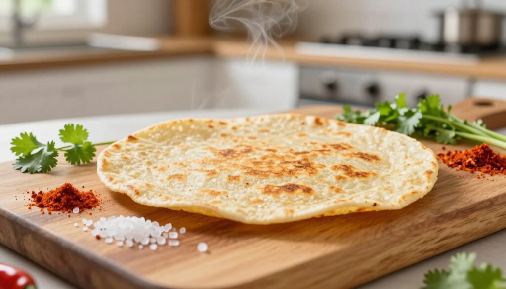 A close-up of a freshly made tortilla, golden and slightly crispy, lying on a rustic wooden board. Surrounding the tortilla, scattered ingredients like sea salt, chili powder, and finely chopped cilantro create a vibrant array. In the background, a soft-focus view of a modern kitchen with warm lighting suggest an inviting atmosphere. A hint of steam rises from the tortilla, emphasizing its warmth and freshness. The setting is bright and cheerful, highlighting the textures of the tortilla and ingredients. The angle is slightly above the board, capturing the tortilla’s inviting surface while maintaining a cozy, home-cooking ambiance. A close-up of a freshly made tortilla, golden and slightly crispy, lying on a rustic wooden board. Surrounding the tortilla, scattered ingredients like sea salt, chili powder, and finely chopped cilantro create a vibrant array. In the background, a soft-focus view of a modern kitchen with warm lighting suggest an inviting atmosphere. A hint of steam rises from the tortilla, emphasizing its warmth and freshness. The setting is bright and cheerful, highlighting the textures of the tortilla and ingredients. The angle is slightly above the board, capturing the tortilla’s inviting surface while maintaining a cozy, home-cooking ambiance.