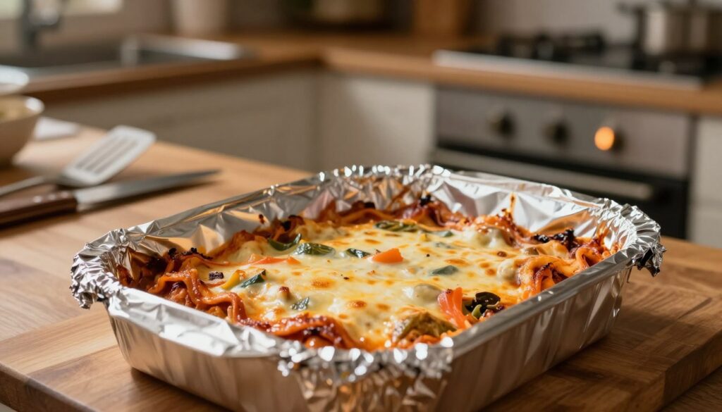 A close-up of a shimmering sheet of aluminum foil, elegantly draped over a dish of lasagna, reflecting soft kitchen light. In the foreground, the foil glistens, showcasing its metallic texture, while the lasagna underneath is visible, layered with rich, melted cheese and vibrant, colorful ingredients. The middle ground highlights a wooden kitchen counter, adorned with scattered utensils like a spatula and a knife, hinting at preparation and warmth. The background features a softly glowing oven dial and a cozy, inviting kitchen environment, creating an atmosphere of culinary care. The overall mood is warm and appetizing, emphasizing the allure of perfectly reheated lasagna. The lighting is warm and diffused, ideal for highlighting the textures and rich colors of the dish.