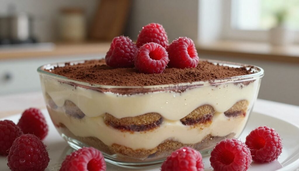 A close-up scene featuring a decadent dessert of kajmakowe tiramisu, layered with creamy, smooth kajmak and adorned with vibrant, fresh raspberries. In the foreground, luscious raspberries glisten with droplets of water, their rich red contrasting beautifully with the creamy layers of the tiramisu. The middle of the image captures the tiramisu in a clear, elegant glass dish, showcasing the luxurious textures of the cream and the delicate cocoa dusting on top. In the background, soft, muted hues of a rustic kitchen setting create a warm and inviting atmosphere, illuminated by gentle, diffused natural light filtering through a nearby window, enhancing the dessert's richness. The mood is indulgent yet comforting, evoking the pleasure of enjoying a delightful treat.
