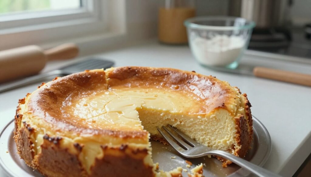 A close-up scene of a cracked cheesecake, its surface glossy and slightly wobbly, indicating an undercooked texture. The foreground features a fork gently exploring the cake, leaving a delicate bite taken out. In the middle, a kitchen countertop adorned with spatulas and measuring cups, suggesting an ongoing baking adventure. Soft natural lighting filters from a nearby window, casting gentle shadows that highlight the cheesecake's glossy surface. The background shows blurred hints of baking ingredients like flour and eggs, evoking a warm, homey atmosphere of culinary experimentation. The mood is hopeful and slightly chaotic, capturing the moment of culinary rescue, blending a sense of urgency and creativity.