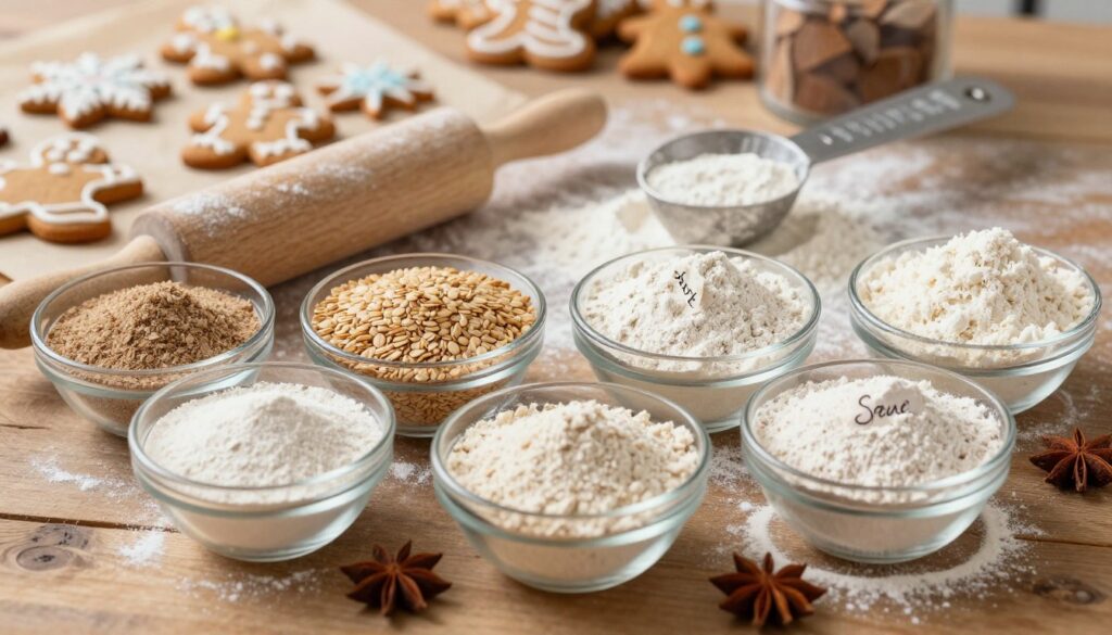 A close-up scene showcasing a variety of flour mixtures ideal for baking gingerbread, elegantly displayed on a rustic wooden countertop. In the foreground, a small collection of different flours in clear glass bowls, each labeled with their types—whole grain, spelt, and all-purpose flour—highlighting their textures and colors. The middle ground features a rolling pin and measuring spoons dusted with flour, while background elements include soft-focus images of festive gingerbread cookies and spices like cinnamon and nutmeg, creating a warm, inviting atmosphere. Soft, diffuse natural lighting enhances the homely scene, with a slight overhead angle to bring attention to the unique qualities of the flour mixtures.
