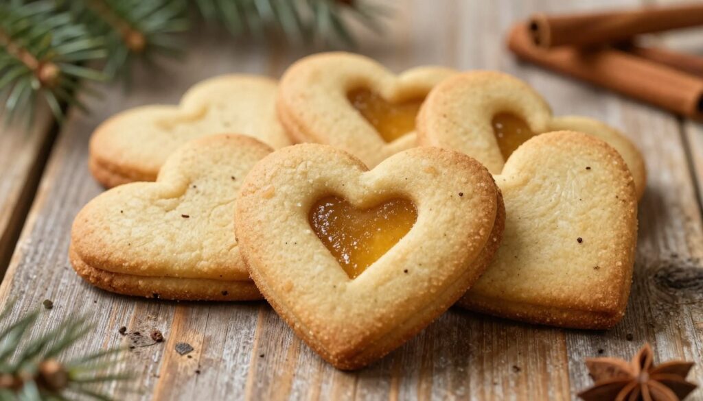 A close-up shot of a beautifully arranged plate of keto-friendly gingerbread cookies (pierniczki bez cukru) on a rustic wooden table. The cookies are heart-shaped and decorated with subtle spices, showcasing their crunchy edges and soft centers. The sunlight softly bathes the scene, creating a warm and inviting atmosphere. In the background, a hint of festive decorations, such as pine branches and cinnamon sticks, enhances the holiday spirit without overpowering the main subject. The focus is on the intricate textures of the cookies, highlighting their artisanal quality. The overall mood is cozy and nostalgic, evoking the comforting essence of traditional holiday baking.