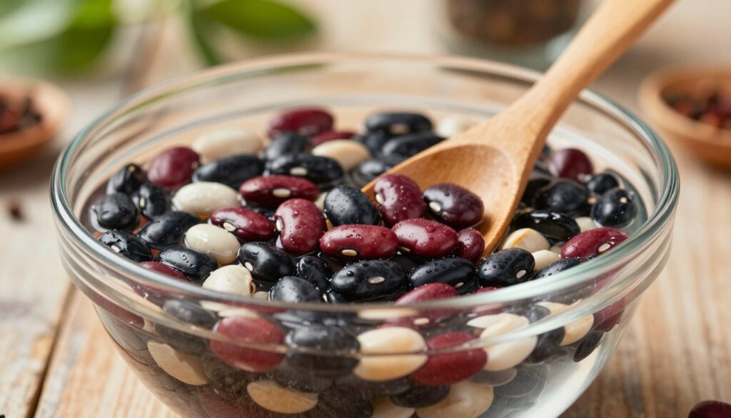 A close-up shot of a clear glass bowl filled with various types of raw beans, including kidney, black, and pinto beans, soaking in water. In the foreground, the beans are glistening under natural light, showcasing their textures and colors. In the middle, gently blurred, a small wooden spoon rests beside the bowl, hinting at an inviting kitchen setting. In the background, soft-focus kitchen elements like herbs and spices arranged on a rustic wooden countertop create a warm, homely atmosphere. The lighting is bright, emphasizing the freshness and healthiness of the ingredients. The mood is serene and educational, capturing the essence of cooking and preparation, focused on the importance of soaking beans to reduce anti-nutrients and improve digestion.