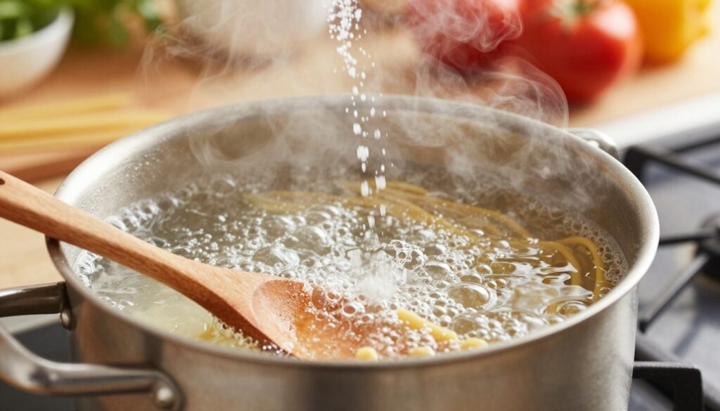 A close-up shot of a pot of boiling water on a stove with steam rising, showcasing the moment before pasta is added. The water is bubbling vigorously, creating a dynamic sense of movement. In the foreground, a wooden spoon rests on the edge of the pot, hinting at the act of stirring. The middle ground captures the rich detail of salt being sprinkled into the water, accentuating the importance of seasoning. Soft, warm kitchen lighting creates an inviting and homely atmosphere, while the background contains blurred kitchen elements, such as colorful ingredients and utensils, enhancing the sense of an active cooking environment. The camera angle is slightly elevated, focusing on the pot, evoking a feeling of anticipation and culinary excitement.