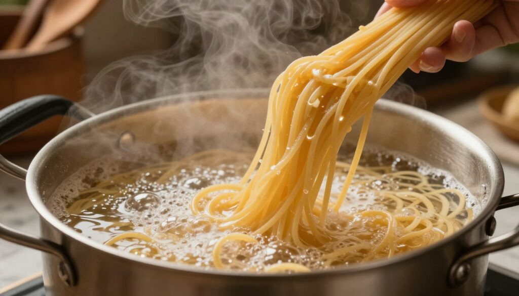 A close-up shot of a pot of boiling water with a generous handful of spaghetti being gently lowered into it. The water is bubbling vigorously, creating dynamic steam that rises above the pot. Capture the texture of the pasta as it softens in the heat, with a focus on the golden strands beginning to twist and mingle. In the background, a rustic kitchen is softly illuminated by warm, ambient light, with hints of wooden utensils and a marble countertop enhancing the Italian cooking theme. The atmosphere feels inviting and cozy, evoking the essence of traditional Italian home cooking. The image should be captured from a slightly elevated angle, drawing attention to both the pasta and the bubbling water, emphasizing the foundational elements crucial for a creamy carbonara sauce. A close-up shot of a pot of boiling water with a generous handful of spaghetti being gently lowered into it. The water is bubbling vigorously, creating dynamic steam that rises above the pot. Capture the texture of the pasta as it softens in the heat, with a focus on the golden strands beginning to twist and mingle. In the background, a rustic kitchen is softly illuminated by warm, ambient light, with hints of wooden utensils and a marble countertop enhancing the Italian cooking theme. The atmosphere feels inviting and cozy, evoking the essence of traditional Italian home cooking. The image should be captured from a slightly elevated angle, drawing attention to both the pasta and the bubbling water, emphasizing the foundational elements crucial for a creamy carbonara sauce.