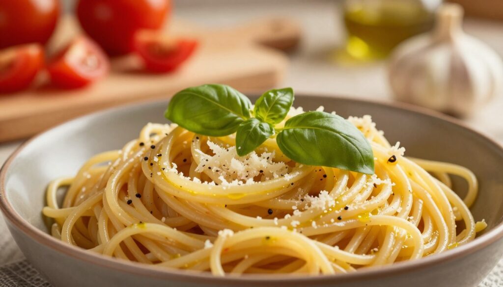A close-up shot of perfectly cooked al dente spaghetti, glistening with a light sheen of olive oil, resting in a rustic bowl. The noodles are slightly curled, showcasing their firm texture and the way they elegantly intertwine. Surrounding the pasta, a sprinkle of freshly grated Parmesan cheese and vibrant fresh basil leaves add a pop of color. In the background, a soft-focus kitchen setting features a wooden cutting board with diced tomatoes and minced garlic, hinting at an inviting cooking atmosphere. The warm, ambient lighting casts a golden glow, enhancing the appetizing appeal of the dish. A shallow depth of field emphasizes the pasta in the foreground, inviting the viewer to savor the moment. The overall mood is cozy and inviting, perfect for a home-cooked meal.