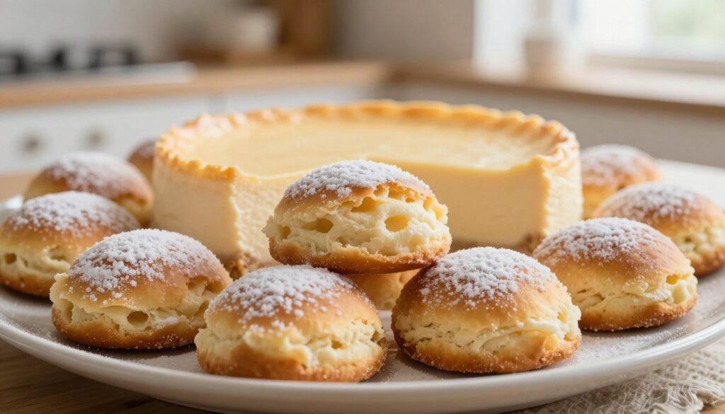 A close-up view of a beautifully arranged plate of biszkopty, showcasing their delicate texture and light golden-brown color. The foreground features several freshly baked biszkopty, perfectly stacked and slightly dusted with powdered sugar, highlighting their soft, airy structure. In the middle ground, there's a classic cheesecake base made from these biszkopty, with a smooth and even surface, emphasizing the idea of a flawlessly crafted dessert. The background should include a softly blurred kitchen setting, with warm, natural lighting filtering through a window, creating a cozy and inviting atmosphere. The scene evokes a sense of comfort and culinary mastery, perfect for illustrating the concept of a stable base for desserts.