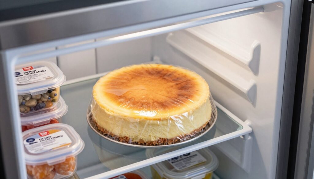 A close-up view of a cheesecake securely wrapped in transparent plastic wrap, placed inside a modern, frost-free freezer. The cheesecake, perfectly round and golden-brown on top, has a smooth creamy texture that is slightly visible through the wrap. Surrounding it, there are various containers with food, each labeled, to illustrate organized storage. The freezer has a sleek, stainless-steel finish, and soft white LED lighting illuminates the scene, casting gentle shadows. In the background, a hint of frost can be seen on the freezer's glass panel. The mood is calm and orderly, emphasizing the importance of proper food preservation methods. The angle is slightly tilted down to showcase the cheesecake while still revealing other elements in the freezer.