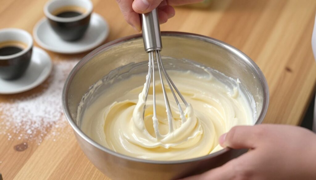 A close-up view of a chef's hands expertly whipping mascarpone cream in a stainless steel mixing bowl, showcasing the cream’s velvety texture as it thickens. The background features a wooden kitchen countertop adorned with a dusting of powdered sugar and fresh espresso cups, hinting at tiramisu preparation. Soft, natural lighting illuminates the scene, creating a warm and inviting atmosphere. Focus on the fluid motion of the whisk, capturing the action of blending and aerating the cream, with a slight overhead angle for depth. The image conveys a sense of culinary mastery and the art of dessert-making, ideal for illustrating the technique of reviving delicate mascarpone.