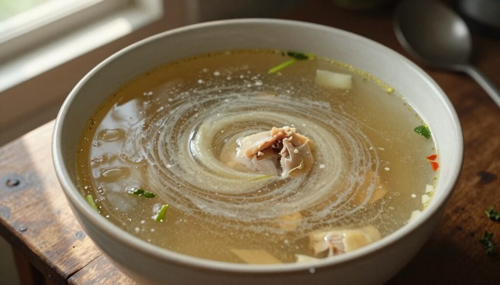 A close-up view of a cloudy, unappetizing chicken broth, captured from a bird's-eye perspective in a rustic kitchen setting. The murky liquid swirls slowly in a ceramic bowl, revealing floating bits of vegetables and unrefined impurities. The foreground features a wooden table, slightly worn, adding warmth to the scene, while a sunlight beam streams through a nearby window, softly illuminating the broth and enhancing the texture. In the background, there are blurred hints of cooking utensils and herbs, creating an inviting atmosphere despite the broth's unappealing color. The overall mood conveys a sense of culinary challenge, inviting viewers to consider the common mistakes that lead to such a cloudy soup.