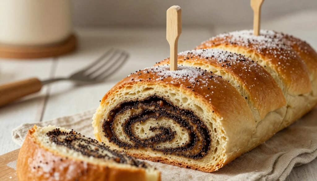 A close-up view of a fluffy, golden-brown makowiec, a traditional Polish poppy seed roll, sliced to reveal a rich, dark filling with visible poppy seeds and subtly sweet layers. In the foreground, a wooden skewer is carefully inserted into the center of the cake, glistening with a light sheen of sugar glaze, signifying the 'test patyczka.' The middle ground showcases a rustic kitchen setting with baking utensils and a soft linen cloth. In the background, warm, diffused lighting illuminates the scene, evoking a cozy, inviting atmosphere. The image should strike a balance between homey and professional, focusing on the artisanal aspect of baking, with a serene ambiance that enhances the anticipation of a perfectly baked makowiec.