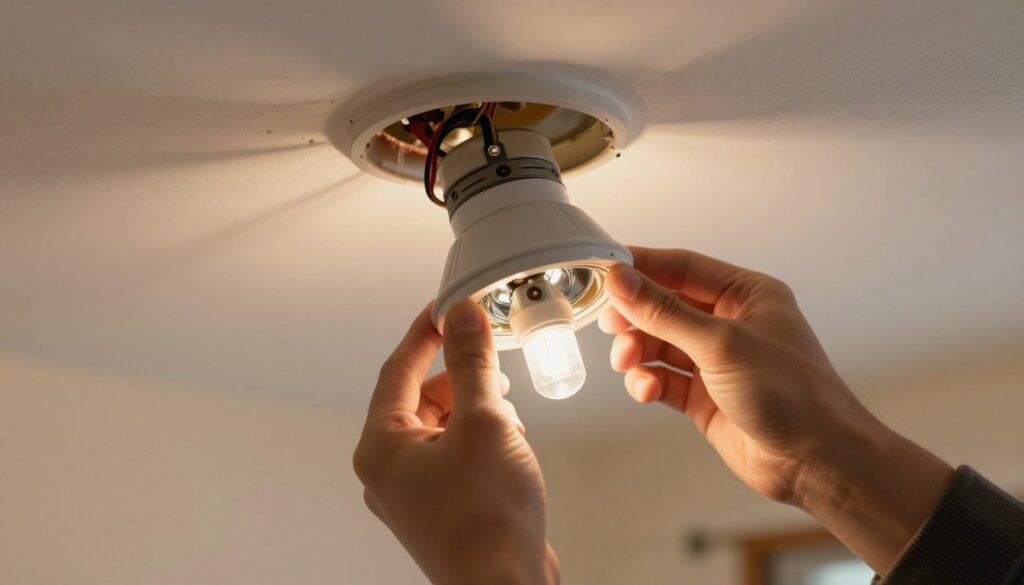 A close-up view of a halogen light fixture being carefully examined before removal. In the foreground, a pair of hands in modest casual clothing are gently touching the light fixture, showing attention to detail. The middle layer displays the light fixture with visible wiring and the surrounding ceiling, highlighting the different components of the setup, including the socket and reflector. The background features a soft, warm lighting atmosphere typical of a home environment, casting a focused glow on the fixture. The angle is slightly tilted, providing depth while ensuring clarity of the fixture's design. The mood is calm and focused, emphasizing safety and precision in the process of identifying the fixture and bulb prior to disassembly.