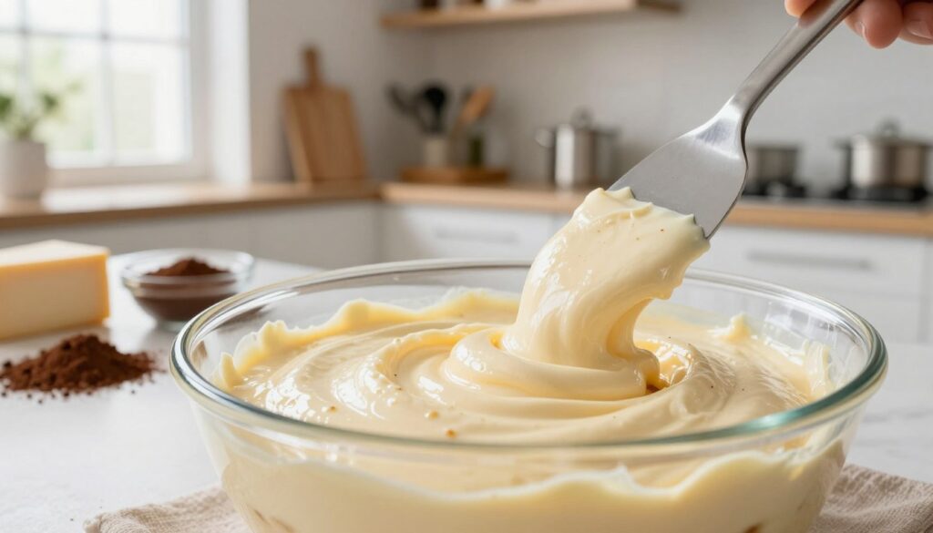 A close-up view of a rich, creamy tiramisu filling being thickened with a spatula in a bright, modern kitchen. The foreground should focus on a glass bowl filled with the dreamy mixture, with a textured creamy surface glistening under soft, natural light filtering through a nearby window. In the middle ground, a beautifully arranged workspace features scattered ingredients like cocoa powder, espresso, and mascarpone cheese, alongside mixing utensils. The background should highlight shelves filled with baking tools and cookbooks, creating an inviting and cozy baking atmosphere. The mood is warm and inspirational, showcasing the art of perfecting a classic dessert. The angle should be slightly tilted to provide a dynamic perspective, emphasizing the act of thickening the cream without altering its rich flavor.
