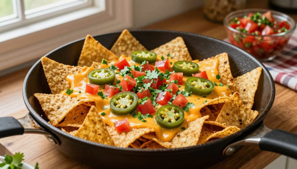 A close-up view of a sizzling skillet filled with crispy, golden-brown nachos made from tortilla chips. The nachos are topped with melted cheddar cheese, fresh jalapeños, diced tomatoes, and a generous sprinkle of cilantro. Set against a wooden kitchen countertop, the atmosphere is warm and inviting, illuminated by soft, natural light coming from a nearby window. The skillet is centered in the foreground, showcasing the vibrant colors and textures of the ingredients. In the background, a rustic kitchen scene features a plaid tablecloth and a bowl of salsa for dipping, enhancing the homely feel. The angle is slightly overhead, capturing the delicious details while keeping the focus on the nachos. A close-up view of a sizzling skillet filled with crispy, golden-brown nachos made from tortilla chips. The nachos are topped with melted cheddar cheese, fresh jalapeños, diced tomatoes, and a generous sprinkle of cilantro. Set against a wooden kitchen countertop, the atmosphere is warm and inviting, illuminated by soft, natural light coming from a nearby window. The skillet is centered in the foreground, showcasing the vibrant colors and textures of the ingredients. In the background, a rustic kitchen scene features a plaid tablecloth and a bowl of salsa for dipping, enhancing the homely feel. The angle is slightly overhead, capturing the delicious details while keeping the focus on the nachos.