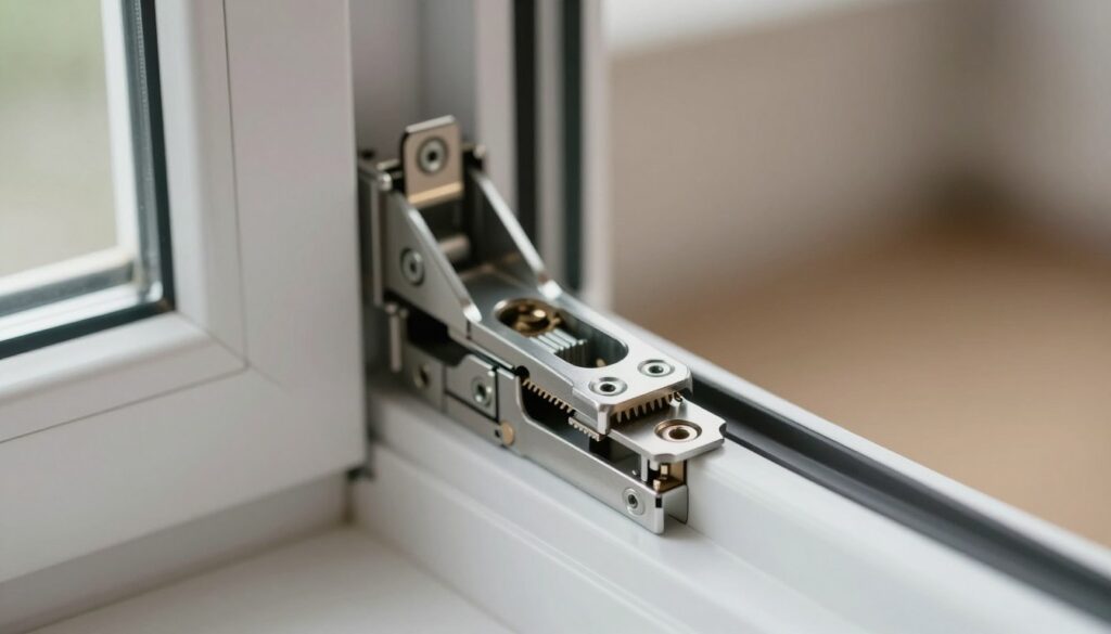 A close-up view of a sophisticated "mechanizm rozwierno-uchylny" (hinged window mechanism) intricately detailed, showcasing its metal components, gears, and pivot points. The foreground emphasizes the mechanism in action, highlighting the moving parts with a soft metallic sheen. In the middle ground, the frame of a plastic window is partially shown, illustrating how the mechanism is integrated. The background features a neutral, blurred indoor setting to focus on the technical details of the mechanism. Use soft, natural lighting to accentuate the textures of the metal and plastic, while maintaining a professional atmosphere suitable for an instructional article. Aim for a clean and clear angle that emphasizes the complexity and functionality of the hinge design.