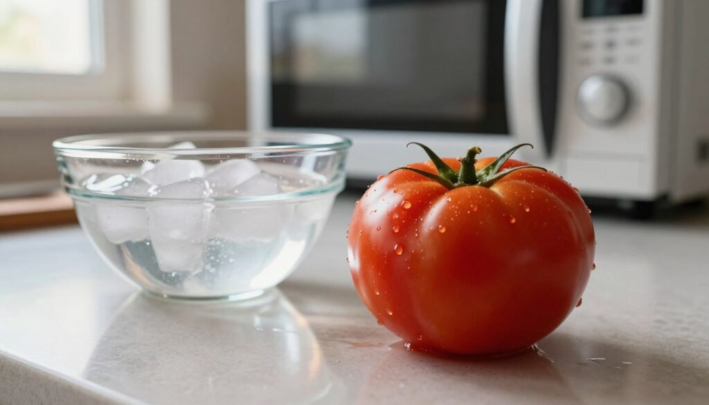 A close-up view of a vibrant, ripe red tomato, known as "pomidora," sitting in a modern kitchen setting. The tomato is glistening with moisture, showcasing its smooth skin and rich color. Beside it, an elegant glass bowl filled with ice-cold water sits on a polished countertop, reflecting natural light from a nearby window. In the background, a microwave is slightly open, hinting at the process used to quickly blanch the tomato. Soft, warm lighting creates a cozy and inviting atmosphere, while a shallow depth of field blurs the kitchen’s backdrop for emphasis on the tomato. This composition captures the essence of the quick blanching method, showcasing freshness and culinary artistry. A close-up view of a vibrant, ripe red tomato, known as "pomidora," sitting in a modern kitchen setting. The tomato is glistening with moisture, showcasing its smooth skin and rich color. Beside it, an elegant glass bowl filled with ice-cold water sits on a polished countertop, reflecting natural light from a nearby window. In the background, a microwave is slightly open, hinting at the process used to quickly blanch the tomato. Soft, warm lighting creates a cozy and inviting atmosphere, while a shallow depth of field blurs the kitchen’s backdrop for emphasis on the tomato. This composition captures the essence of the quick blanching method, showcasing freshness and culinary artistry.