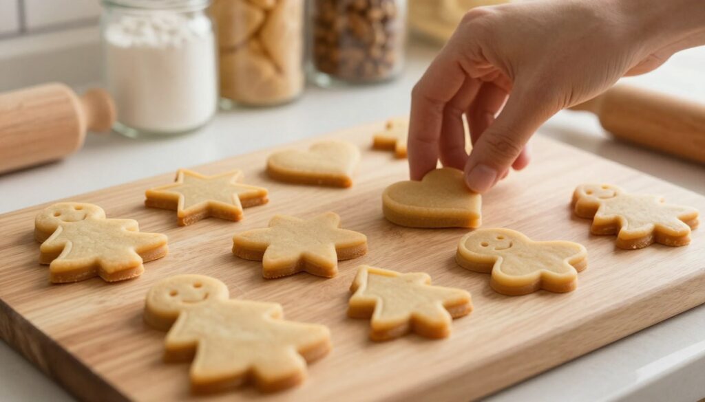 A close-up view of a wooden cutting board showcasing various homemade gingerbread cookie cutters arranged neatly. In the foreground, focus on the soft edges of each cutter, illuminated by warm, natural light that highlights their smooth, safe finishes. The cutters feature playful, intricate shapes like stars, hearts, and trees, emphasizing the craftsmanship involved. In the middle ground, a hand gently touches one of the cutters, demonstrating comfort and usability, while showcasing the rounded edges designed for safety. In the background, a cozy kitchen atmosphere with soft, diffused lighting creates a warm ambiance, hinting at baking ingredients like flour and sugar, adding context to the scene without overwhelming the focus on the cutters. The overall mood is inviting and homely, perfect for holiday baking.