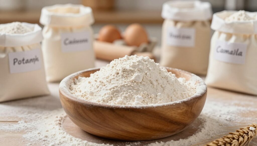 A close-up view of fine wheat flour (mąka pszenna) in a rustic wooden bowl, surrounded by small bags labeled with different types of flour: potato starch, cake flour, and semolina. The bowl should be in the foreground, with the flour's delicate texture visible, a dusting of flour scattered artistically around. In the middle ground, a background of soft, warm lighting creates a cozy atmosphere, evoking a home kitchen. A rolling pin and a few eggs can be seen slightly blurred, hinting at baking process. The scene is inviting and homely, designed to evoke the joys of baking, with a depth of field that softly focuses on the flour while the background remains slightly out of focus, enhancing the main subject’s prominence. A close-up view of fine wheat flour (mąka pszenna) in a rustic wooden bowl, surrounded by small bags labeled with different types of flour: potato starch, cake flour, and semolina. The bowl should be in the foreground, with the flour's delicate texture visible, a dusting of flour scattered artistically around. In the middle ground, a background of soft, warm lighting creates a cozy atmosphere, evoking a home kitchen. A rolling pin and a few eggs can be seen slightly blurred, hinting at baking process. The scene is inviting and homely, designed to evoke the joys of baking, with a depth of field that softly focuses on the flour while the background remains slightly out of focus, enhancing the main subject’s prominence.
