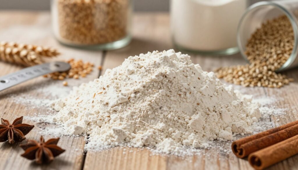 A close-up view of finely milled wheat flour, mąka pszenna, set against a rustic wooden table. The flour is delicately piled in a small mound, with a light dusting creating a soft, fluffy texture. In the background, blurred images of various flour types, such as whole grain and rye, are subtly visible, emphasizing the theme of flour selection. Soft natural light streams from the left, casting gentle shadows that enhance the textures of the flour and the wood. A vintage-style measuring cup and a few scattered spices, like cinnamon and nutmeg, are artistically placed in the foreground, adding a warm, inviting mood to the scene. The composition invites viewers to appreciate the nuances of baking with different flours, highlighting their potential softness in baked goods.