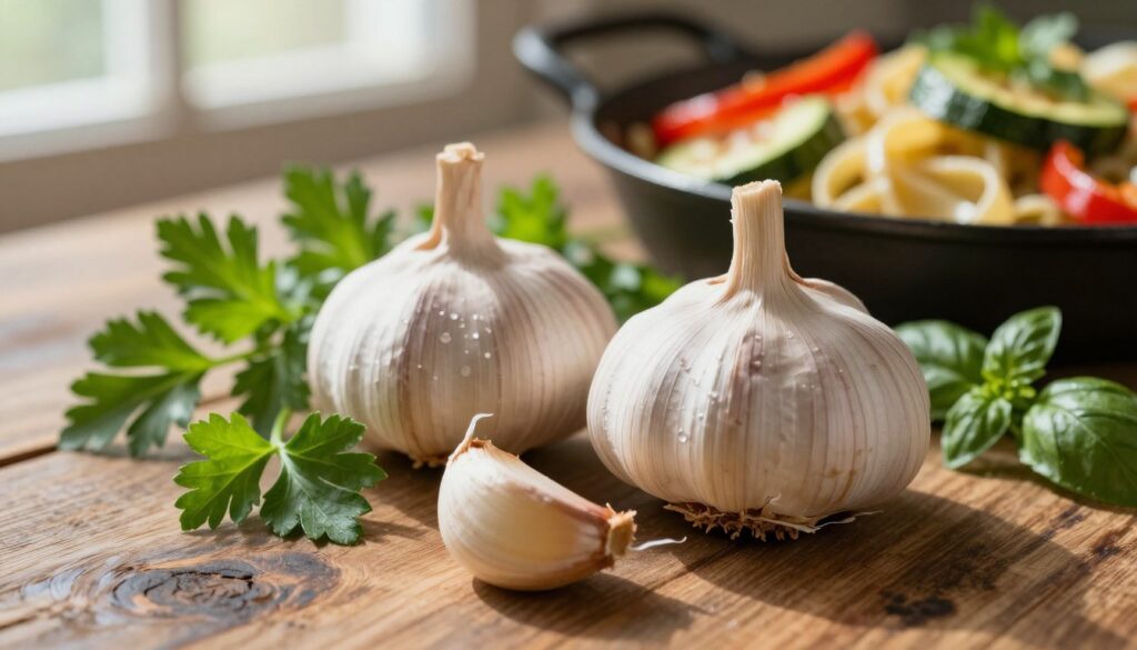 A close-up view of fresh garlic cloves, elegantly arranged on a rustic wooden table. The garlic is surrounded by vibrant green herbs, such as parsley and basil, enhancing the freshness of the scene. In the background, softly blurred sautéed vegetables including bell peppers and zucchini are visible, hinting at a cooking process. The lighting is warm and inviting, with natural sunlight filtering through a nearby window, casting gentle shadows. The focus is sharp on the garlic, showcasing its textured skin and glistening peel. The overall mood is cozy and homely, evoking the essence of a comforting, creamy sauce ready to complement a delicious pasta dish.