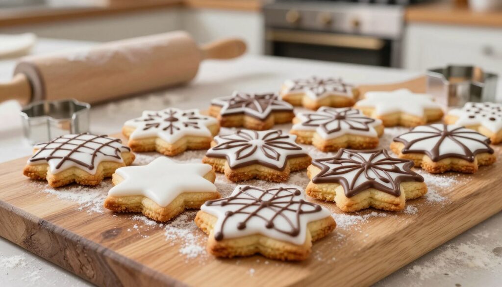 A close-up view of freshly baked "pierniczki" (gingerbread cookies) arranged artistically on a rustic wooden board. The cookies are perfectly decorated with smooth, glossy icing in intricate patterns, showcasing a mix of white and dark chocolate drizzles. In the foreground, a few cookies are slightly tilted to reveal their soft and fluffy texture, with a subtle dusting of powdered sugar. The middle layer features a rolling pin and cookie cutters dusted with flour, hinting at the baking process. In the background, a warm, inviting kitchen setting with a softly glowing oven light enhances the cozy atmosphere. The image should be bright and cheerful, with natural lighting that highlights the shiny surfaces of the icing and the warmth of the wooden textures. The composition should evoke a sense of home-cooked comfort and festive cheer.