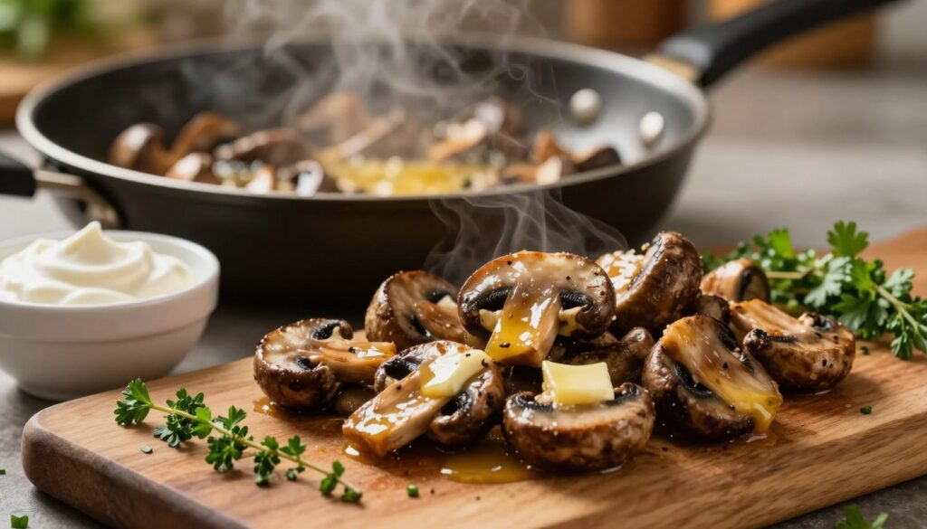 A close-up view of sautéed mushrooms glistening with melting butter, showcasing a rich, golden color that enhances their earthy tones. The foreground features a wooden cutting board with finely chopped fresh herbs like parsley and thyme sprinkled around, while a small bowl of creamy, thick sour cream is placed nearby. In the middle ground, a soft-focus pan holds the mushrooms, bubbling gently in the aromatic mixture of butter, releasing steam and a savory fragrance. The background is softly blurred, with warm ambient lighting casting a cozy, inviting glow over the scene, creating a comforting kitchen atmosphere. This image captures the essence of enhancing flavors and the luscious texture of the ingredients, drawing the viewer into the culinary experience.
