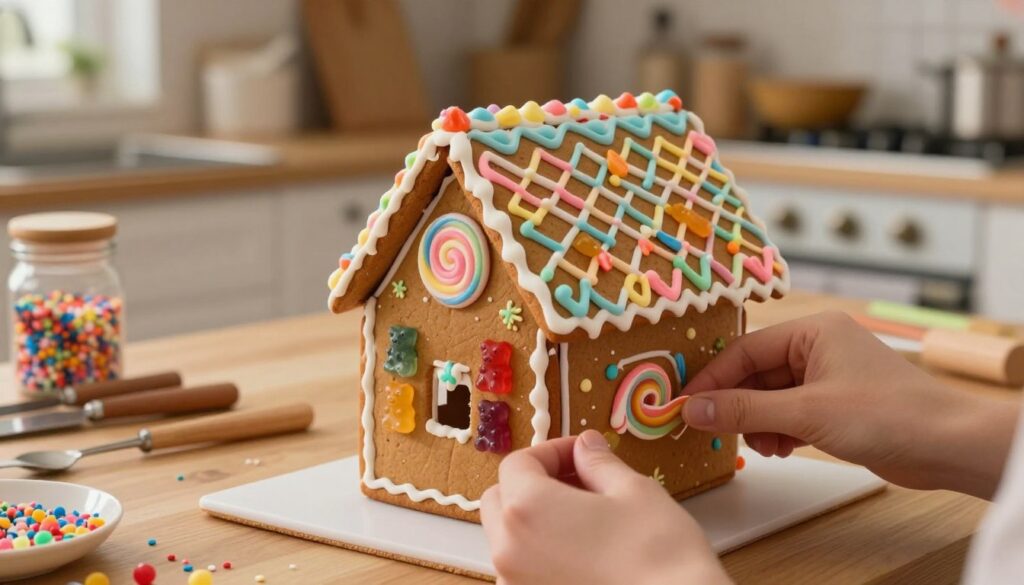 A cozy, enchanting gingerbread house scene showcasing the assembly of a whimsical structure using colorful icing as "cement." In the foreground, a pair of hands carefully gluing together candy-decorated walls and a slanted roof, with vibrant icing in pastel shades forming intricate patterns along the edges. The middle ground features walls of the gingerbread house adorned with gummy bears and licorice accents, leaning together in a joyful, chaotic fashion. In the background, a softly lit kitchen filled with baking tools and jars of sprinkles, creating a warm, inviting atmosphere. The scene is illuminated by gentle, diffused lighting, enhancing the festive mood with a depth of field that keeps the focus on the construction while softly blurring the background.