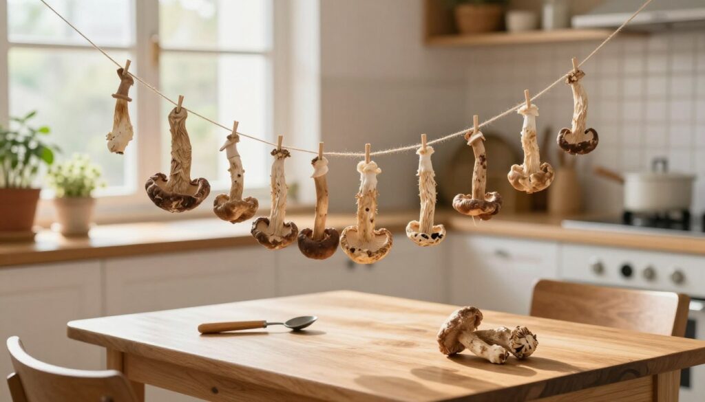 A cozy indoor setting featuring a string of dried mushrooms hanging in a warm, well-lit kitchen. In the foreground, focus on the delicate textures of various mushroom types, their natural colors enhanced by soft, diffused sunlight filtering through a nearby window. The middle ground showcases a wooden table with a few small tools for preparing and threading the mushrooms, lending a rustic feel. In the background, display a clean and airy kitchen atmosphere with potted herbs on the windowsill, emphasizing good ventilation. The mood is inviting and serene, illustrating the ideal drying conditions at home—warmth, airflow, and an organized space for preserving mushrooms on a string. The image captures a harmonious balance between functionality and aesthetic, evoking a sense of homely comfort and traditional preservation methods.
