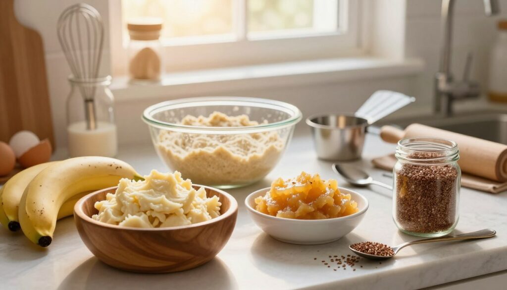 A cozy kitchen countertop scene showcasing a variety of egg substitutes for baking. In the foreground, a wooden bowl filled with mashed bananas, a small dish of unsweetened applesauce, and a jar of flaxseed meal are artistically arranged. The middle ground features a mixing bowl with a fluffy dough, and an array of measuring cups and spoons scattered around, emphasizing the baking process. In the background, warm sunlight streams through a window, illuminating baking tools like a whisk and a rolling pin. A slight bokeh effect softens the background, creating a warm, inviting atmosphere. The overall mood conveys creativity and warmth, perfect for a baking article focused on delicious egg alternatives.