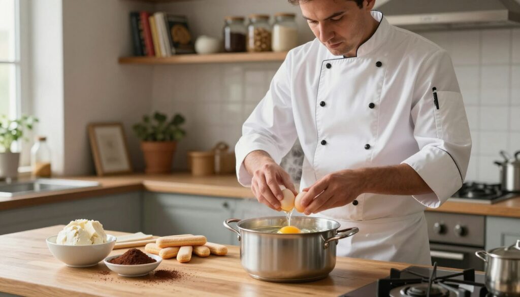 A cozy kitchen interior with warm natural lighting, featuring a wooden countertop. In the foreground, a professional chef in a neat, modest white chef's jacket is delicately warming eggs in a glass bowl over a pot of simmering water, illustrating the process of safely blanching eggs for tiramisu. The medium layer shows an assortment of fresh ingredients: mascarpone cheese, cocoa powder, and ladyfinger biscuits artfully arranged nearby, creating a homely yet elegant atmosphere. The background reveals shelves filled with cookbooks and jars of ingredients, enhancing the culinary setting. The overall mood is inviting and instructional, emphasizing safety and creativity in cooking. The composition uses a slightly angled perspective, capturing the chef’s focused expression and the steam rising from the pot.
