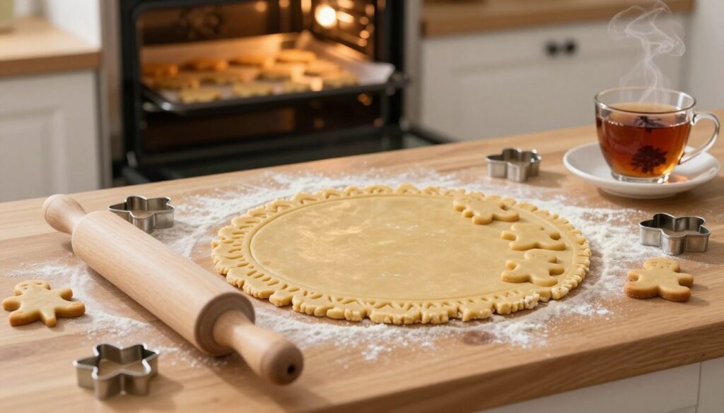 A cozy kitchen scene capturing the art of preparing soft and fragrant gingerbread cookies, or "pierniczki." In the foreground, a smooth wooden surface is covered with a lightly floured rolling pin, and various cookie-cutters in festive shapes like stars and hearts scattered around. The middle of the image showcases a large, perfectly rolled-out dough circle with intricate patterns pressed into it, along with freshly cut gingerbread figures. In the background, an oven is glowing softly, with a baking tray filled with cut cookies ready to go in. Warm, natural lighting illuminates the scene, creating a welcoming and festive atmosphere. Subtle steam wafts from a cup of spiced tea to enhance the wintery feel. The angle is slightly above eye level, giving a clear view of the preparation process. A cozy kitchen scene capturing the art of preparing soft and fragrant gingerbread cookies, or "pierniczki." In the foreground, a smooth wooden surface is covered with a lightly floured rolling pin, and various cookie-cutters in festive shapes like stars and hearts scattered around. The middle of the image showcases a large, perfectly rolled-out dough circle with intricate patterns pressed into it, along with freshly cut gingerbread figures. In the background, an oven is glowing softly, with a baking tray filled with cut cookies ready to go in. Warm, natural lighting illuminates the scene, creating a welcoming and festive atmosphere. Subtle steam wafts from a cup of spiced tea to enhance the wintery feel. The angle is slightly above eye level, giving a clear view of the preparation process.
