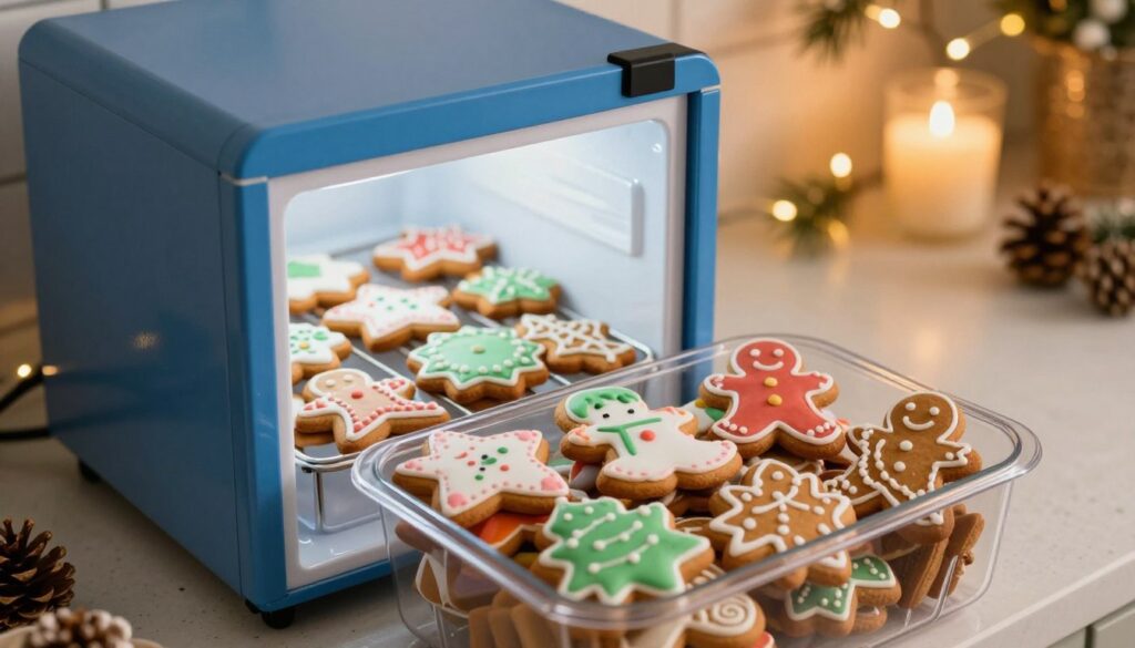 A cozy kitchen scene featuring a beautiful array of gingerbread cookies, known as pierniki, carefully arranged in a transparent container. The foreground captures the vibrant, intricately decorated cookies, showcasing their detailed icing designs. In the middle ground, a sleek, ice-blue freezer is slightly ajar, highlighting the method of freezing these treats for preservation. The background is softly blurred, showcasing warm ambient lighting that gives a comfortable homey atmosphere, with festive decorations subtly included, like string lights and pinecones. The angle is slightly overhead, allowing the viewer to appreciate both the cookies and the freezer. A sense of warmth and anticipation permeates the image, inviting viewers to consider the joys of baking and preserving goodies for the future.