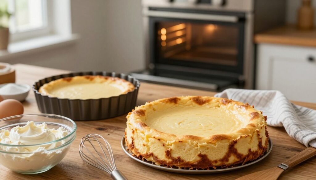 A cozy kitchen scene featuring a beautifully baked cheesecake, perfectly risen without cracks, resting on a rustic wooden kitchen table. In the foreground, a mixing bowl with ingredients like cream cheese, sugar, and eggs, alongside a whisk and spatula, hinting at the preparation process. The middle ground shows the cheesecake cooling in a springform pan, with a soft kitchen towel nearby. In the background, a warm oven with the door slightly ajar, emitting a gentle glow, creating an inviting atmosphere. Soft natural lighting filters through a nearby window, highlighting the texture of the cheesecake and giving a homely feel. The overall mood conveys warmth, care, and culinary expertise, capturing the essence of baking without any imperfections.