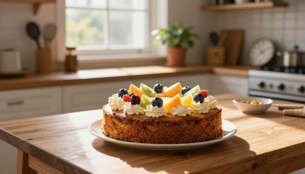 A cozy kitchen scene, featuring a fresh homemade cake resting on a wooden table at room temperature. The foreground showcases the cake, richly decorated with cream and fruits, capturing the essence of indulgence. In the middle, an open window lets in soft, warm sunlight, creating a welcoming atmosphere and casting gentle shadows across the table. The background includes shelves filled with baking utensils, a potted plant, and a clock showing the time, emphasizing the calm of a mid-afternoon. The overall mood is inviting and serene, with a focus on the cake's texture and vibrant colors in natural light, highlighting its appeal when kept outside the fridge. A cozy kitchen scene, featuring a fresh homemade cake resting on a wooden table at room temperature. The foreground showcases the cake, richly decorated with cream and fruits, capturing the essence of indulgence. In the middle, an open window lets in soft, warm sunlight, creating a welcoming atmosphere and casting gentle shadows across the table. The background includes shelves filled with baking utensils, a potted plant, and a clock showing the time, emphasizing the calm of a mid-afternoon. The overall mood is inviting and serene, with a focus on the cake's texture and vibrant colors in natural light, highlighting its appeal when kept outside the fridge.