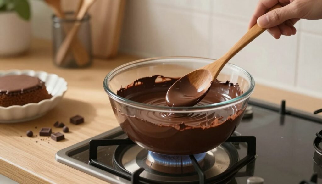 A cozy kitchen scene featuring a glass bowl filled with melting chocolate, sitting over a gently simmering pot in a double boiler setup, highlighting the art of tempering chocolate using a water bath. In the foreground, a wooden spoon rests against the bowl, with rich, glossy chocolate gradually pooling around it. The middle ground showcases a warm, inviting kitchen counter adorned with baking utensils, chocolate chips, and a partially prepared cake in a decorative dish. The background subtly hints at a window with soft natural light filtering through, casting a warm glow over the entire scene. The atmosphere is serene and focused, embodying a culinary haven for chocolate lovers. The lighting is soft and warm, emphasizing the rich textures of the melted chocolate.