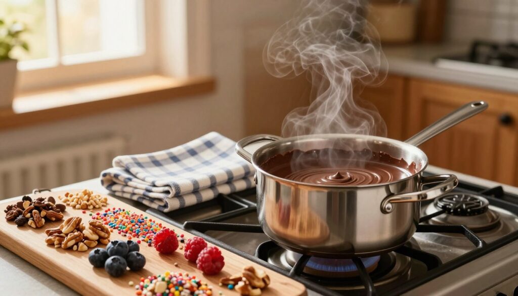 A cozy kitchen scene featuring a pot melting chocolate on a stove. In the foreground, a stainless steel pot with rich, smooth melted chocolate bubbling gently, steam rising from it. Surrounding the pot are a variety of toppings like chopped nuts, colorful sprinkles, and fresh berries, neatly arranged on a wooden cutting board. In the middle, a checkered kitchen towel adds a homey touch, while a spatula rests against the pot. The background showcases a warm, softly lit kitchen with wooden cabinets and a window letting in natural sunlight, casting a golden glow over the scene. The atmosphere is inviting and joyful, perfect for baking enthusiasts. Use a slight overhead angle to capture the richness of the chocolate and the textures of the toppings.