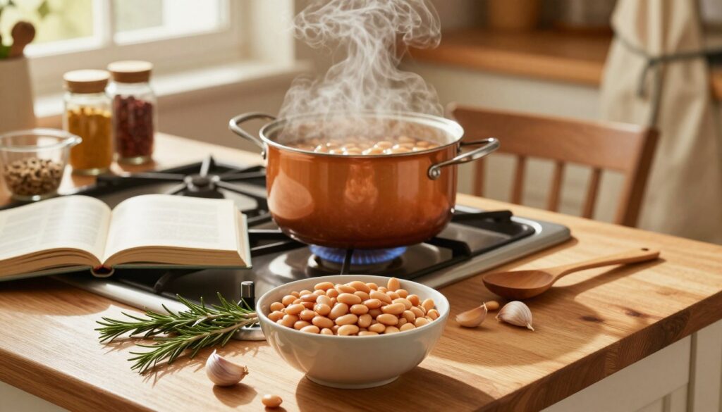 A cozy kitchen scene featuring a pot of simmering beans on the stove, with steam rising in gentle curls. In the foreground, a wooden table displays a bowl of soaked, plump beans ready for cooking, alongside fresh herbs – a sprig of rosemary and a few garlic cloves. The middle ground shows the stove with an open cookbook on bean preparation, with ingredients neatly arranged nearby: a measuring cup, a wooden spoon, and colorful spices in jars. The background features soft, warm light filtering through a window, casting a golden hue over the scene. A hint of an apron hung on a chair suggests a welcoming atmosphere. The overall mood is inviting and homely, perfect for illustrating the art of cooking beans until soft and digestible.