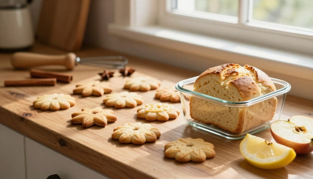 A cozy kitchen scene featuring a rustic wooden countertop with an assortment of hard gingerbread cookies (twarde pierniki) displayed artistically. In the foreground, a clear glass container is half-filled with soft, fluffy bread, alongside a few apple slices and a slice of lemon, which are known to help soften the cookies. The middle ground reveals various baking tools and spices, like cinnamon sticks and star anise, adding a warm charm to the setting. In the background, sunlight streams through a window, casting gentle shadows and creating a warm, inviting atmosphere. The overall mood is homely and inviting, evoking a sense of nostalgia for traditional baking, with a focus on the contrast between the hard cookies and the items intended to soften them. A cozy kitchen scene featuring a rustic wooden countertop with an assortment of hard gingerbread cookies (twarde pierniki) displayed artistically. In the foreground, a clear glass container is half-filled with soft, fluffy bread, alongside a few apple slices and a slice of lemon, which are known to help soften the cookies. The middle ground reveals various baking tools and spices, like cinnamon sticks and star anise, adding a warm charm to the setting. In the background, sunlight streams through a window, casting gentle shadows and creating a warm, inviting atmosphere. The overall mood is homely and inviting, evoking a sense of nostalgia for traditional baking, with a focus on the contrast between the hard cookies and the items intended to soften them.