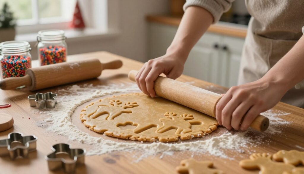 A cozy kitchen scene featuring a wooden table dusted with flour, showcasing a pair of hands expertly rolling out a thin dough. The focus is on the dough, which has a festive gingerbread hue, with playful reindeer shapes being cut out using cookie cutters. In the background, soft, warm lighting enhances the atmosphere, with jars of colorful sprinkles and a rolling pin beside the dough. A beautiful display of holiday decorations can be seen through a window, hinting at a cheerful, festive season. The image captures a sense of joy and creativity, inviting viewers into the enjoyable process of baking and decorating gingerbread cookies.